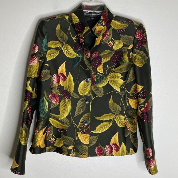 Linda Allard Ellen Tracy Green Silk Berry Print Button Up Blazer Size 10 - Picture 2 of 16